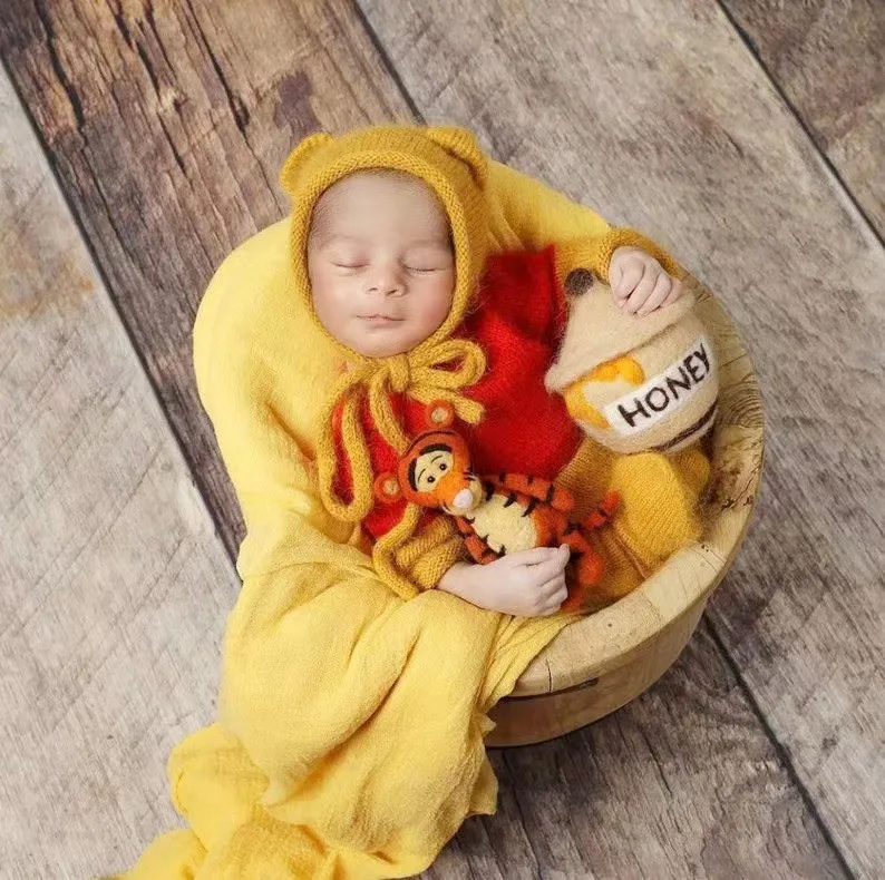 ❤️Newborn Photography Clothing Mohair Little Bear Hat+Jumpsuits 2Pcs/set Studio Baby Photo Prop Accessories Knit Clothes Outfits