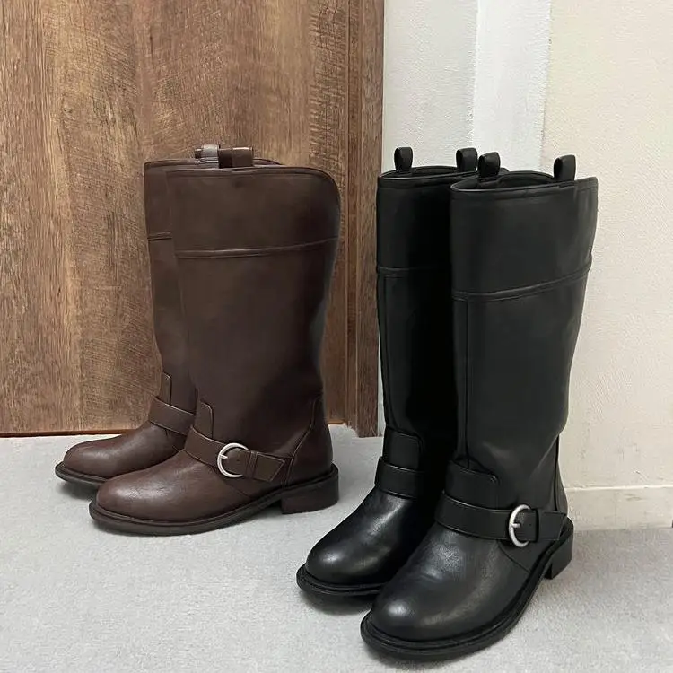 

Длинные сапоги Briti Sle в стиле ретро, женские высокие сапоги-трубы с поясом, весенне-осенние рыцарские сапоги из искусственной кожи с круглым носком или трубкой