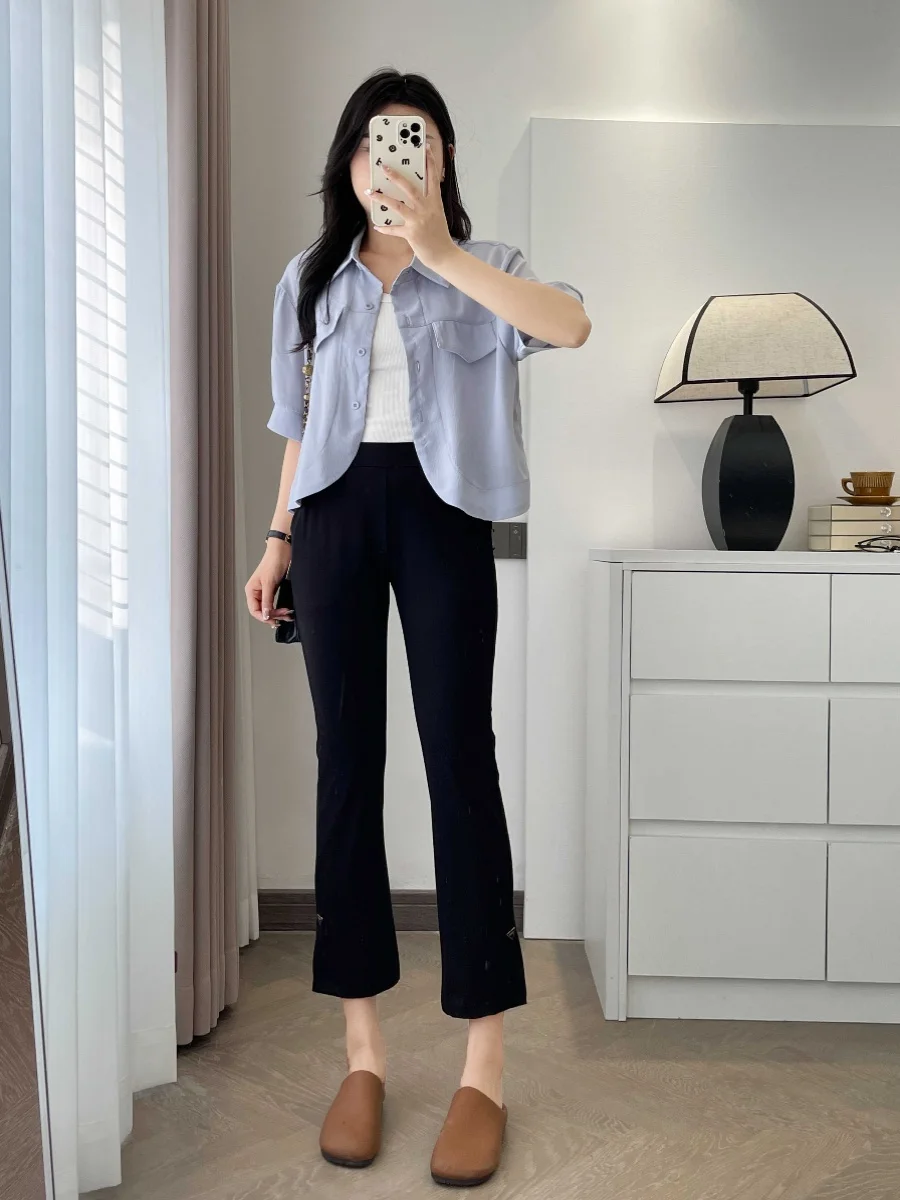 

plus Size Summer Korean Style Straight Leg Black Pants Elastic Waist Buckle Slit Cigarette Pants High Waist Nine Pants