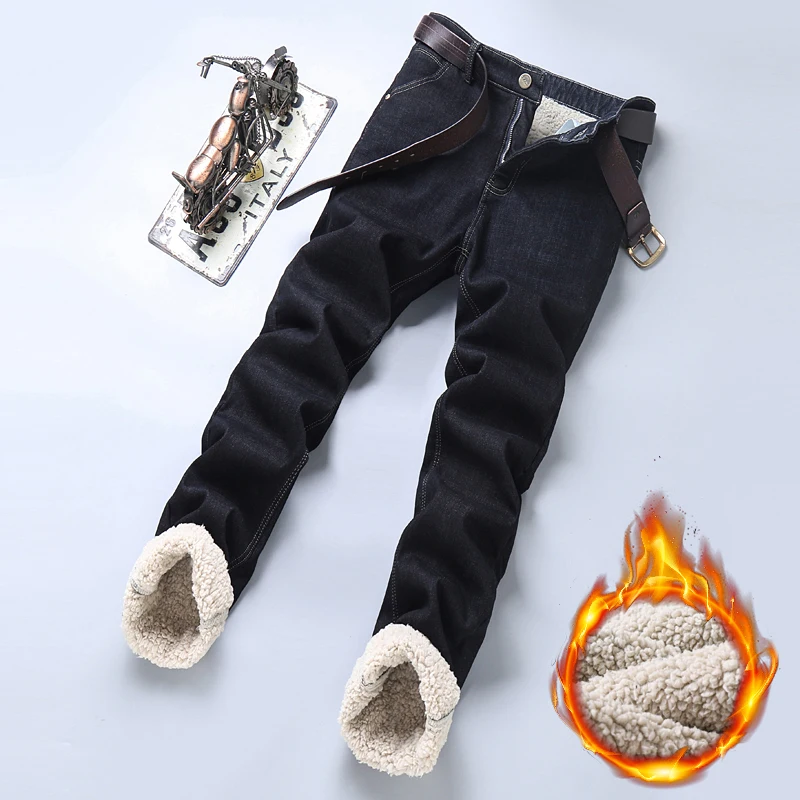 Winter Warm Fleece Jeans Men 2025 Straight Stretch Thick Casual Thermal Denim Pants Male Business Work Trousers New Men Clothing