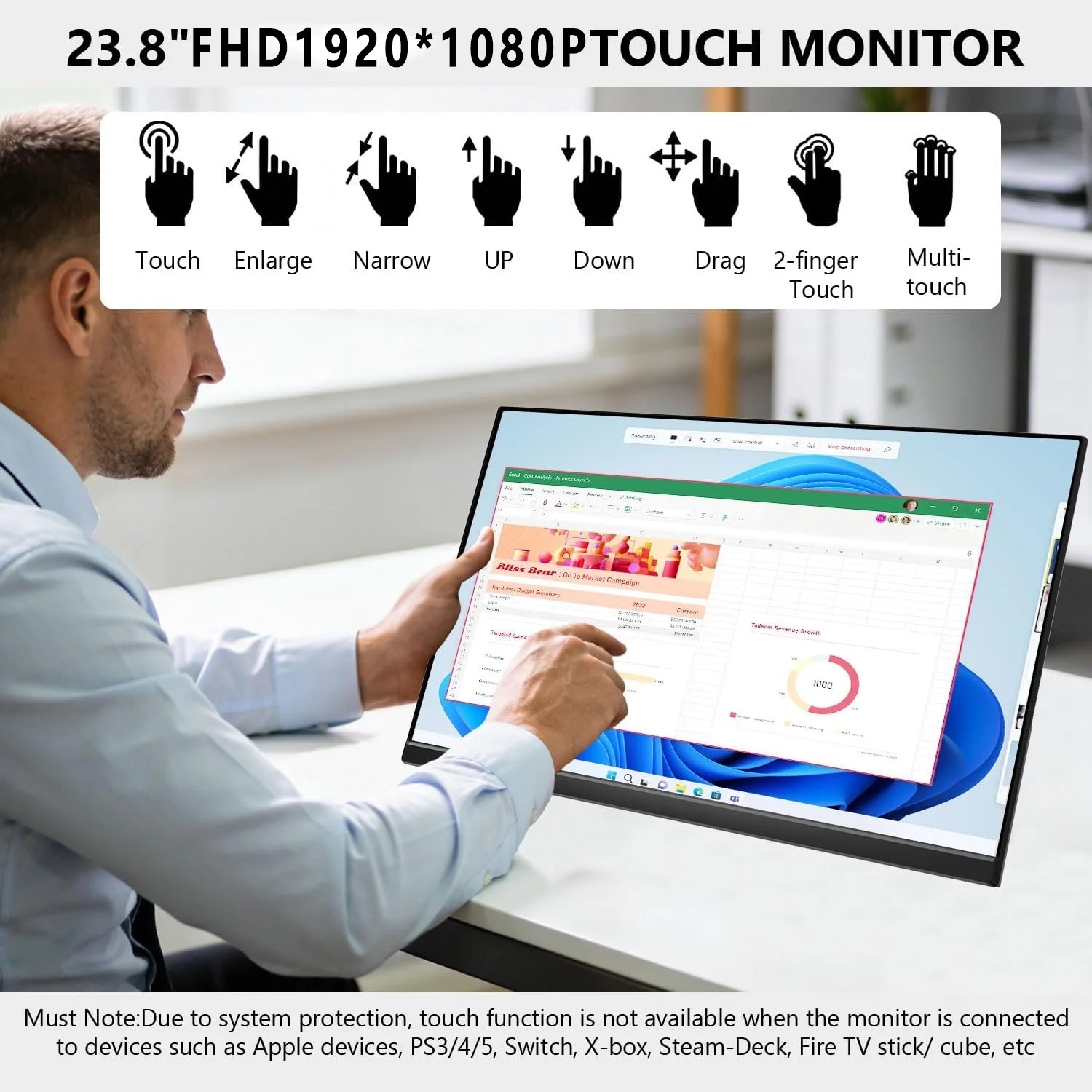 23.8 Inch 120Hz Touch Portable Monitor 1920*1080 FHD IPS Type-C HDMI External Screen for Laptop Phone Drawing Office Teaching