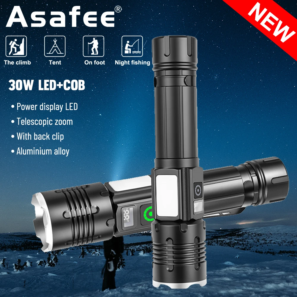 

Asafee 1660 Outdoor Strong LED Flashlight Telescopic Zoom Torch 9 Light Modes COB Soft Side Light Back Clip Tail Magenetic Lamp