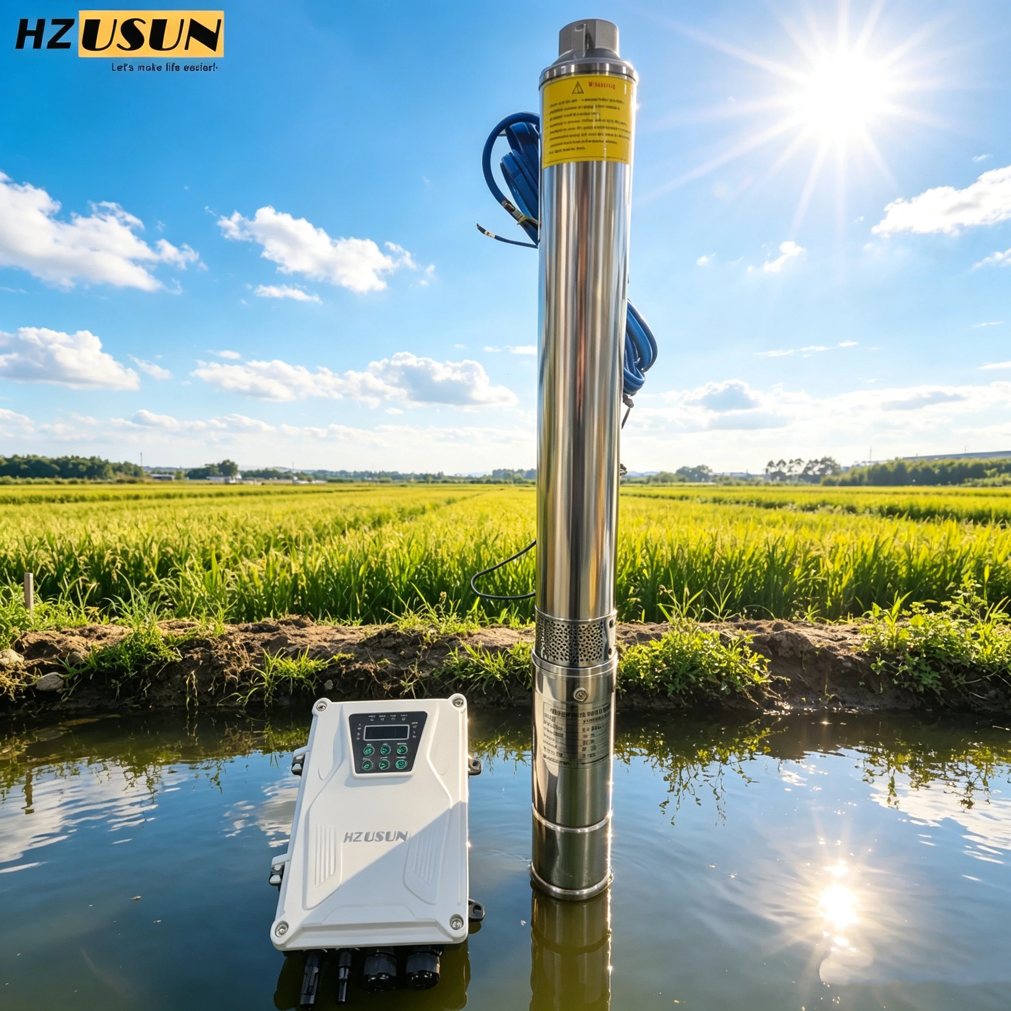 HZUSUN 100Ft Borewell 1HP BLDC Solar Submersible Pump Controller 13GPM Irrigation Pump System for Agriculture Solar Powered