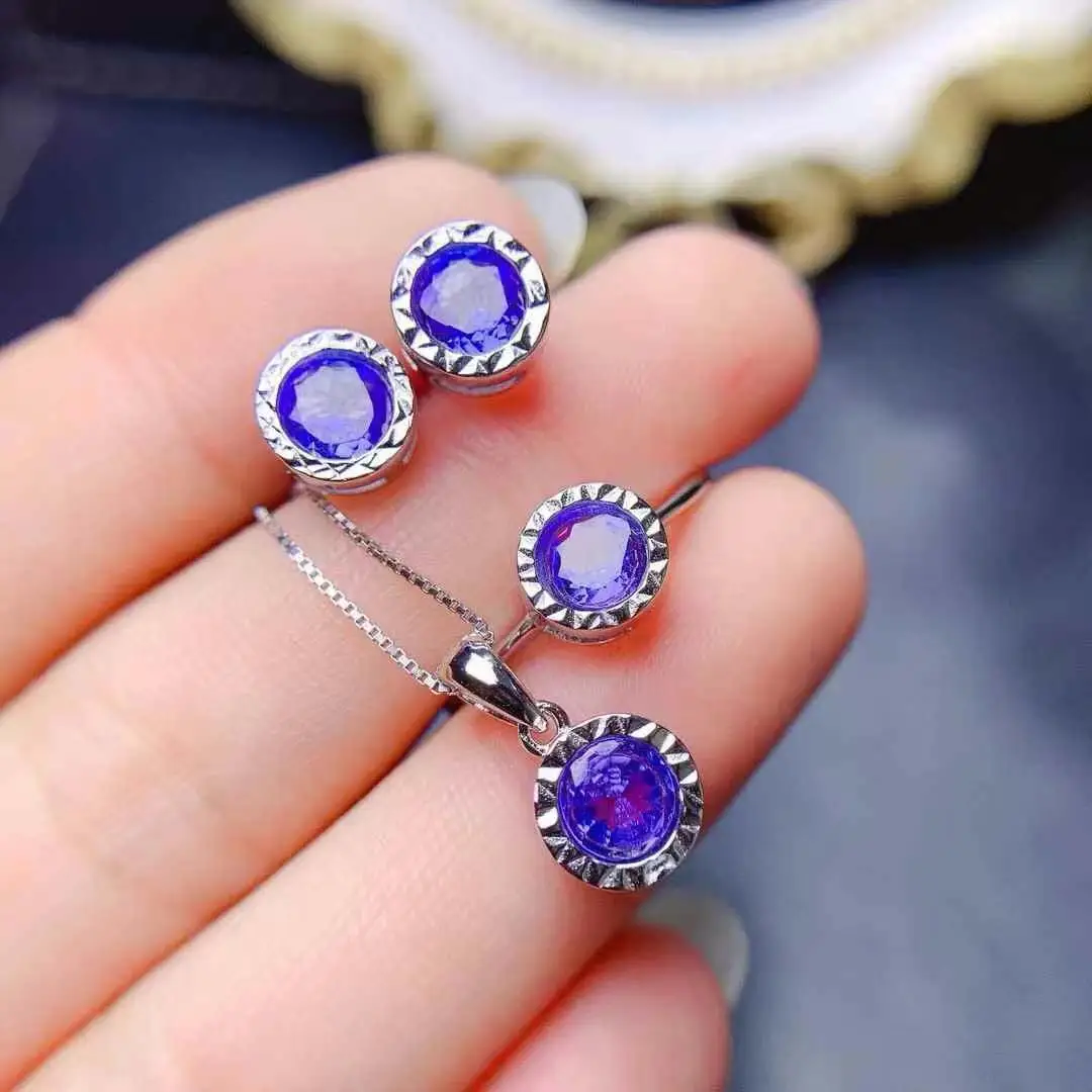 Tanzanite Set 100% Tanzanite l jewelry set Natural And Real Tanzanite 925 sterling silver 1pc pendant,1pc ring,2pcs Earring