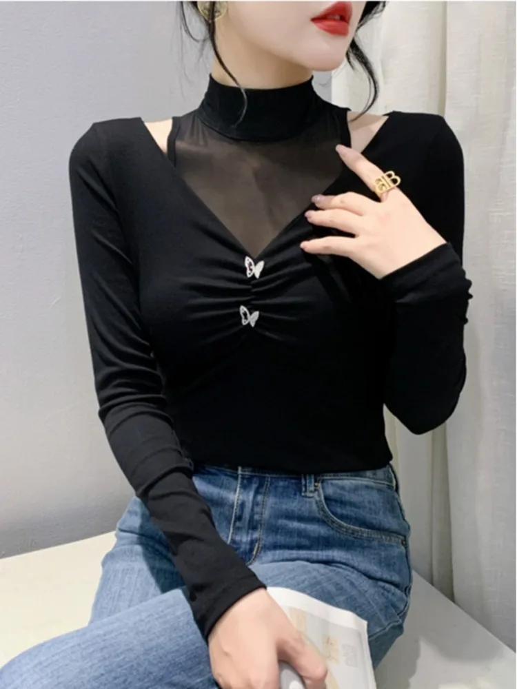 #9083 Black White Off Shouldert T Shirt Women Sexy Skinny Split Joint Turtleneck T Shirt Female Long Sleeve Stretch Streetwear