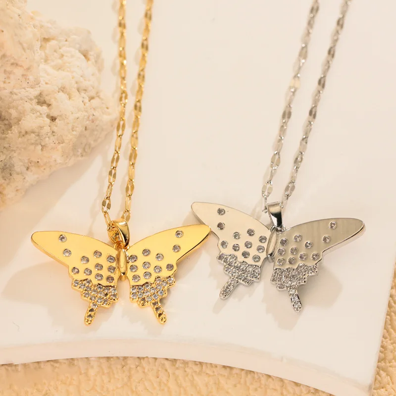 European and American Versatile High-end Feel Fully Inlaid with Zircon Butterfly Necklace, Women's Fashionable Design Pendant