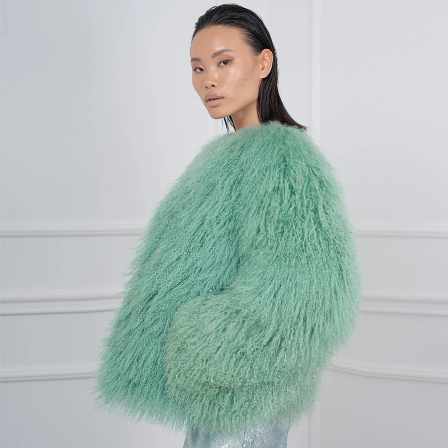 Echt Pelzmantel frauen Mantel Hellgrün Kragenlose Mongolischen Schafe Mantel Natürliche Schafe Pelz Jacke Winter Mäntel Für Frauen Luxus