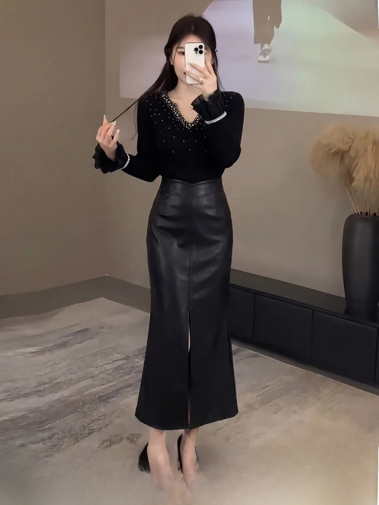 

Winter Heavy Duty Rhinestone Knitted Base Shirt Inner Wear plus Size Women's Fashion Set with Micro Fat MM Leather Skirt