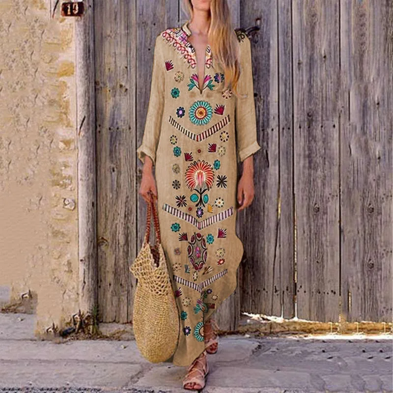 Faionable Long Printed V-Ne Dr Women's Loose Waist Design Street Sle A-Line Skirt Floral Pattern Autumn New Arrival