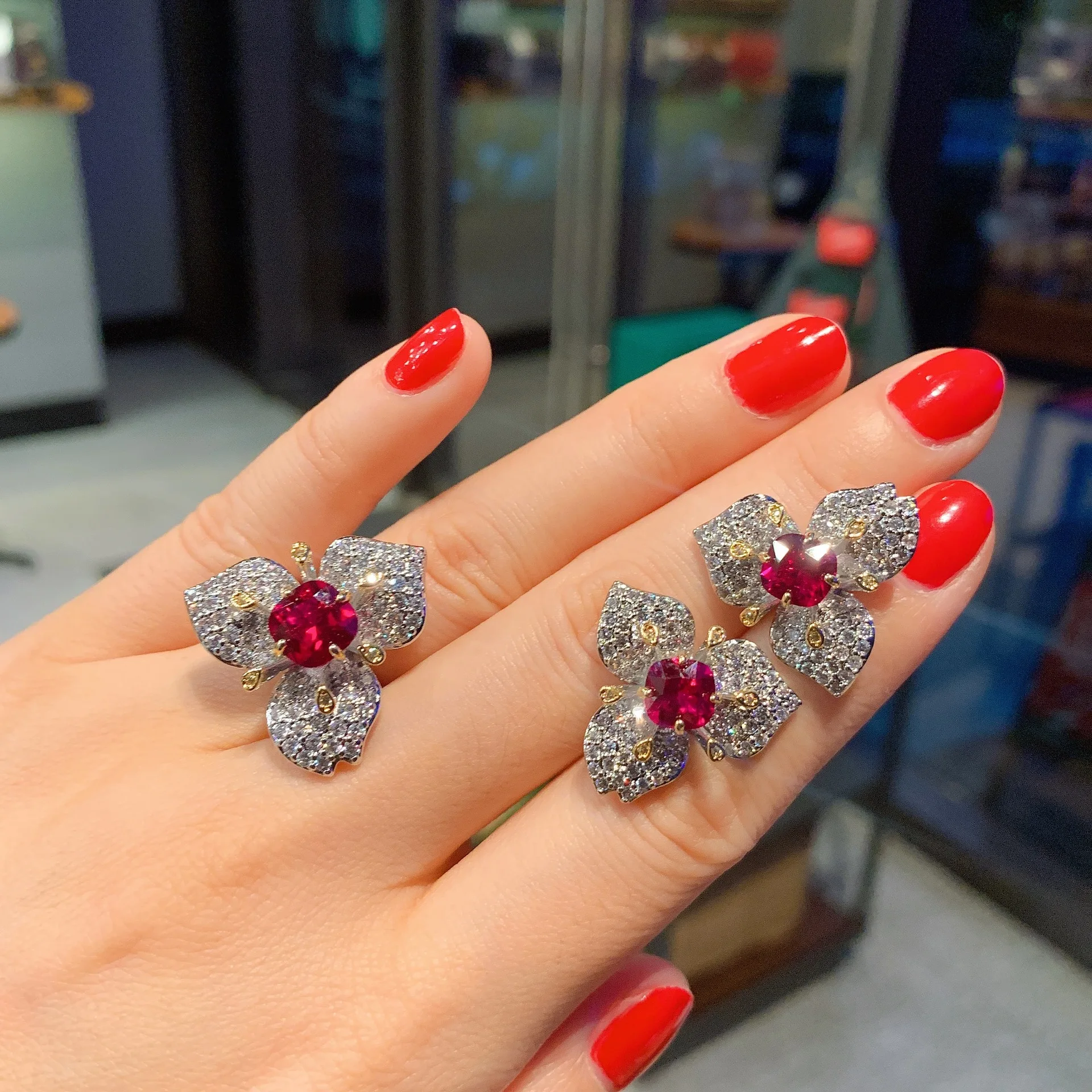 

High Quality Petal Ruby Ring Earrings Women Jewelry Butterfly Valentines Day Gift Bride Luxury Brand Trendy Anniversary Wife