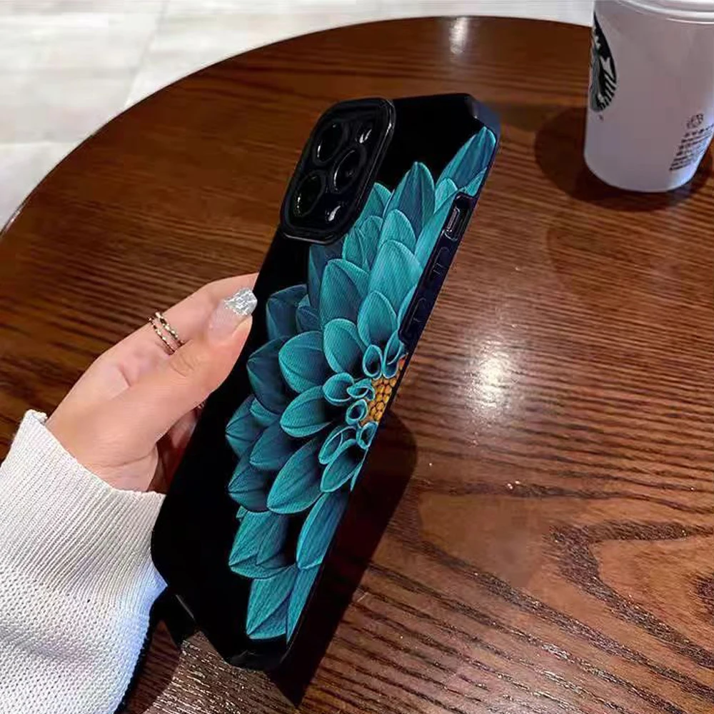 Fashion Blue Flower Silicone Leather Case For iPhone 17 Air 16 11 12 13 14 15 Pro Max Plus Mini Soft Shockproof Full Cover