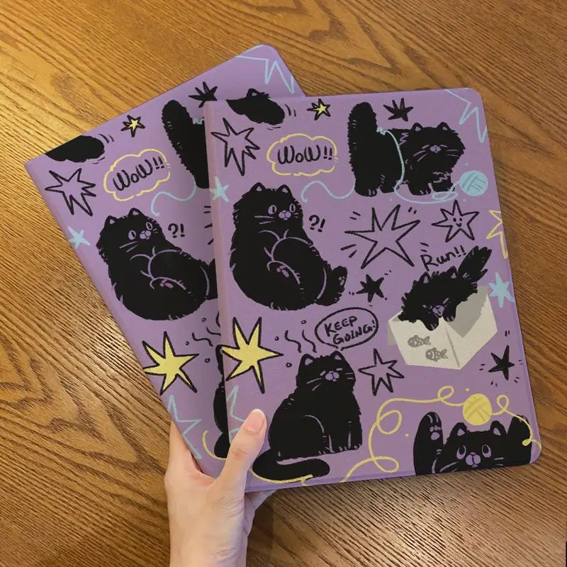 Full Wrapped Shockproof Book IPad Case Kawaii Black Cat Purple Protective Cover Fit IPad Air72025 11th A16 Air6 Air4/5 10th 9th