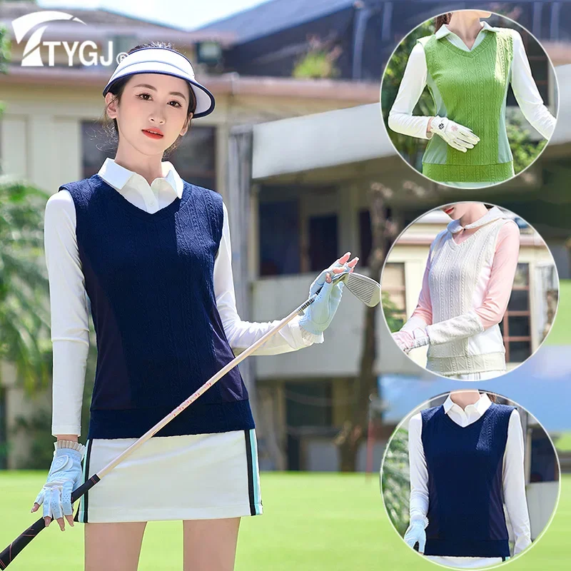 TTYGJ Women Elastic V-neck Golf Vest Ladies Slim Sleeveless Golf Shirt Women Keep Warm Knitted Waistcoats Autumn Golf Clothing