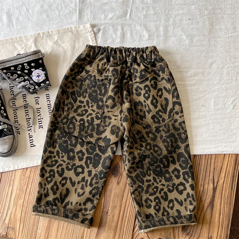 Korean children\'s clothing children\'s  seasonal leopard print perforated workwear pants girls clothes