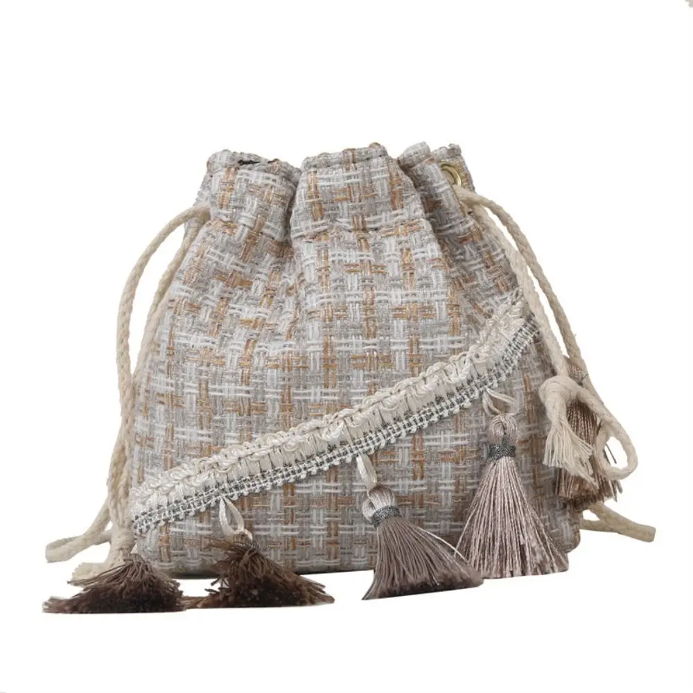 

Drawstring Ethnic Style Crossbody Bag Large Capacity Cotton Weave Bucket Bag Phone Storage Bag Crossbody Bag Shoulder Bag Ladies