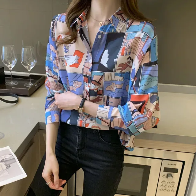 New Spring Fashion Button Collar Digital Long Sleeve Shirt Women's Cardigan Top One Piece Hair CollectionWG18