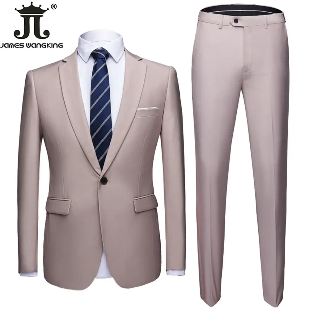 15 Colors M-6XL (Jacket + Pants) Work Clothes Mens Formal Business Office Suit Solid Color Groom\'s Wedding Dress Blazer Trousers