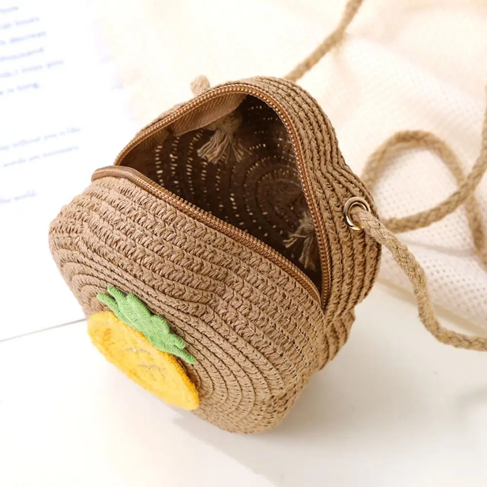 Bolso de paja hecho a mano para niños, bolso de hombro tejido con forma de flor, bolso cruzado de frutas para niños