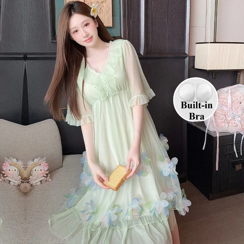 Court Princess Style Sleepwear Women Bra Free Nightgown Summer Lace Fairy Mesh Thin Short Sleeve Home Dress Pajamas Loungewear