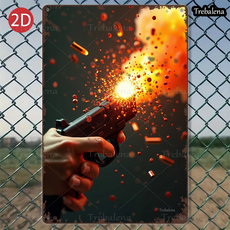 

1PC 2D Flat 8*12inch Metal Sign Action Gun Scene Dynamic Sparks Artwork