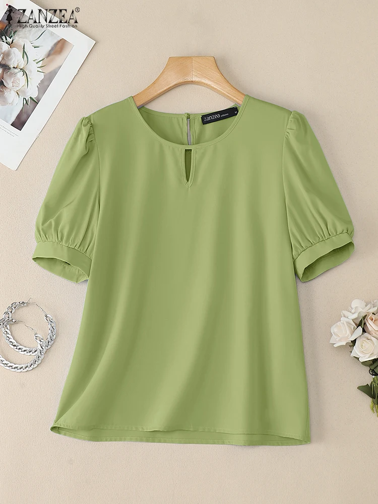 ZANZEA Koreaanse Mode Blouses Vrouwen 2025, Zomer Casual Uitsparing O-hals Korte Bladerdeeg Mouw Blusas Mujer Dagelijks Dragen Effen Tops