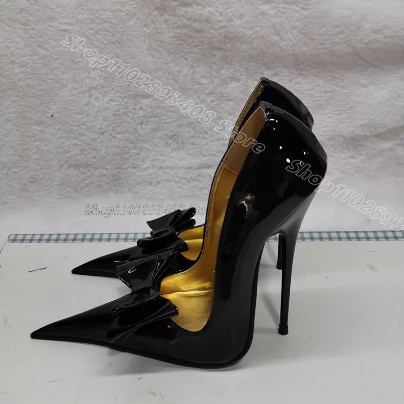 

Black Leather Bowknot Pumps Pointed Toe Slip on Stiletto Solid British Style Spring Women Party Sexy Shoes Zapatos Para Mujere