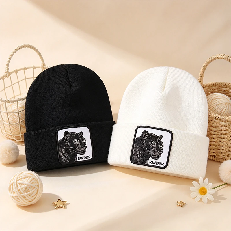 Men Women Knit Beanie Hat Panther Patch Embroidered Unisex Classic Cuffed Winter Skull Cap Warm Hat for Streetwear Outdoor