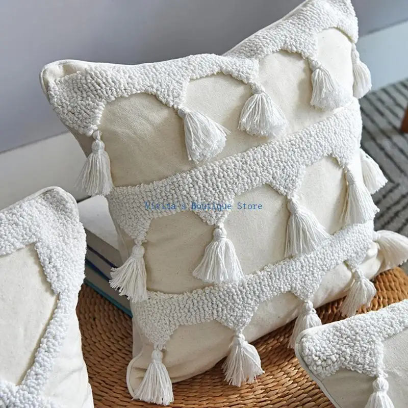 

Nordic Morocan Textured Boho Throw Pillow for Case Woven Tufted White Tassel Striped Decorative Cushion Cover for Couch M76D