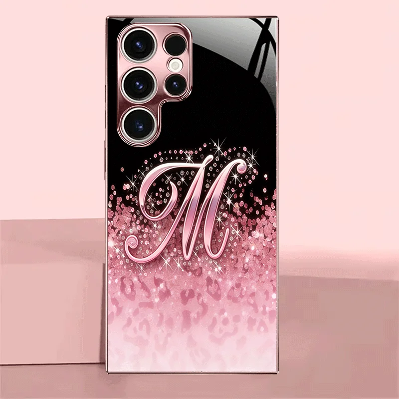 Pink M-shaped glass phone case suitable for Samsung Galaxy S26 S25 S24 S23 S22 S20 FE/Ultra/Plus hard case