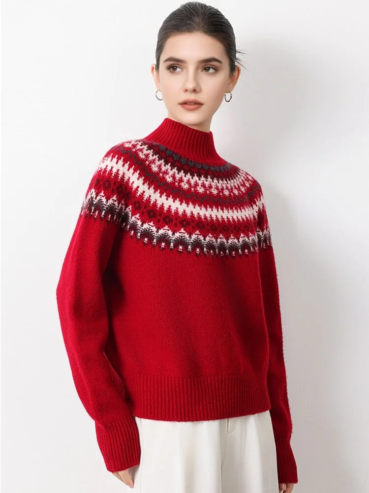 SuyaDream، سترة عيد الميلاد النسائية، صوف الأغنام 100%، رقبة وهمية، بلوفرات جاكار دافئة، بلوزة محبوكة لخريف وشتاء 2025، أحمر، رمادي #6