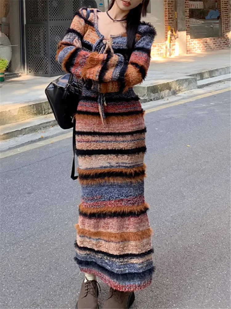 Maillard Style Color Patchwork Knitted Two Pieces Sets Bodycon Long Straps Dress&Long Sleeve Cardigan New Fall Women 2pcs Suits