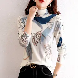 Spring Autumn New Fashion Printing Turtleneck T-Shirts Ladies All-match Slim Knitting Knitting Women Clothing Bottoming Shirt