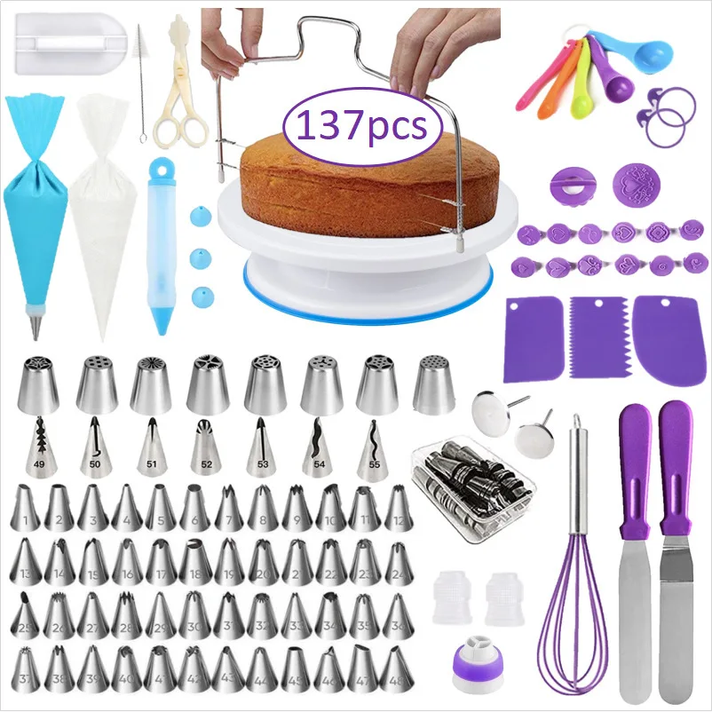 137Pcs 35pcs Cake Decorating Tools Kit Pastry Turntable Kit Piping Nozzle Piping Bag Set Rotating Stand Baking Tools Accessories