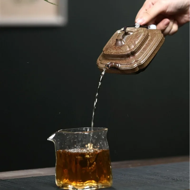 Yixing Zisha Teapot Set: Square “Bamboo Joint” Style, Hollow and Flattened, Made From Raw Clay