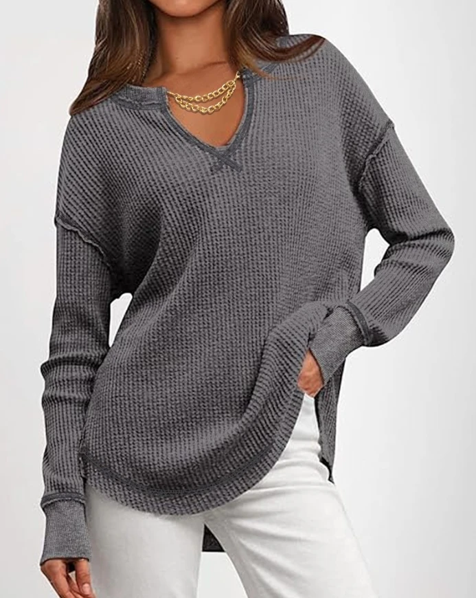 Women's fashionable casual waffle knit stand up collar long sleeved top with split casual pullover and detachable chain