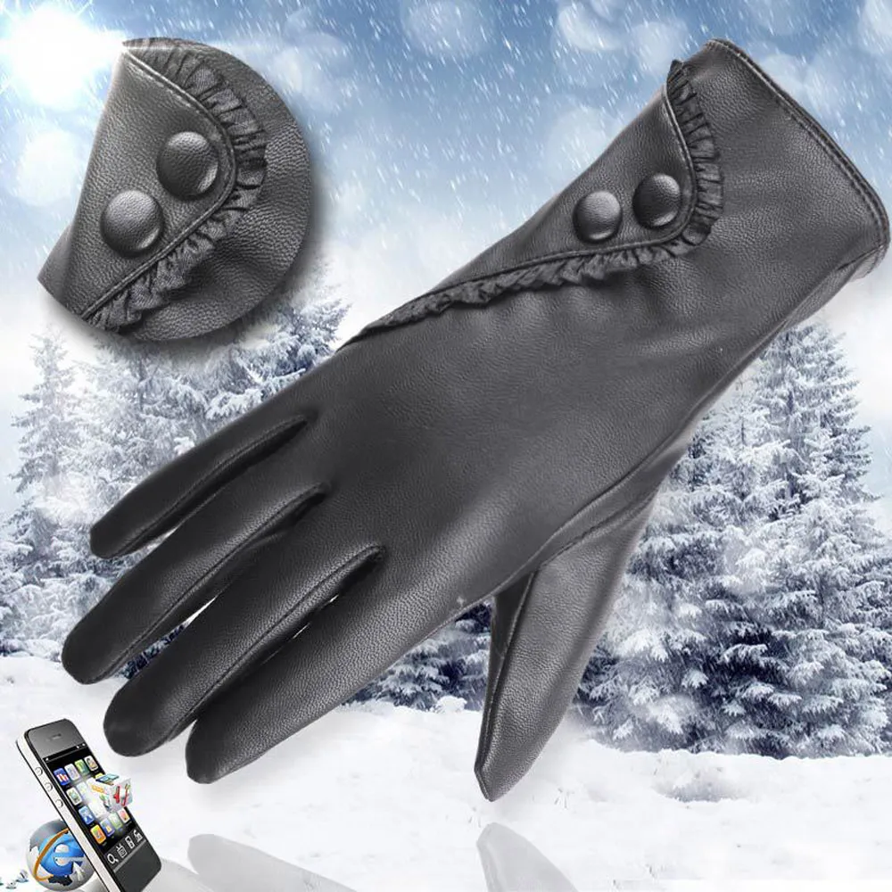 Fashion Women Lady Soft Leather Gloves Winter Warm Mitten Xmas Gift Black