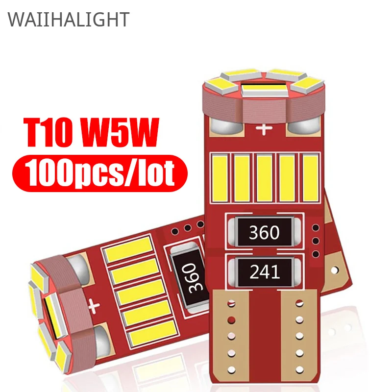 

100PCS T10 W5W Led Canbus 4014 SMD No Error LED 194 501 W5W Car Interior Lights Auto Clearance Lamps DC 12V White