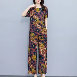 Summer Vintage Print Wide Leg Pant Sets 2024 New Casual Elegant Loose Sets for Women 2 Pieces Summer Clothes High Quality