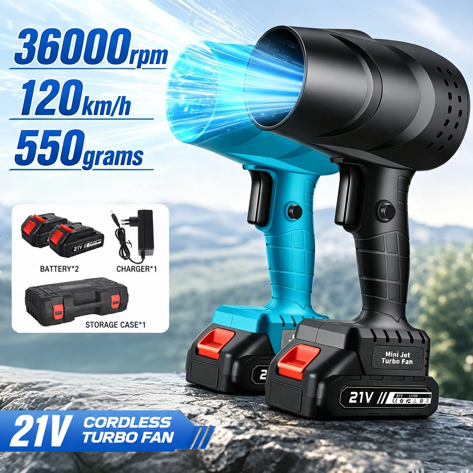 Souffleur d'air électrique sans fil 21V Turbo 36000 tr/min, souffleur de feuilles haute vitesse 120 km/h avec moteur sans balais 380W, nettoyeur de poussière à vitesse variable pour voiture, jardin, terrasse