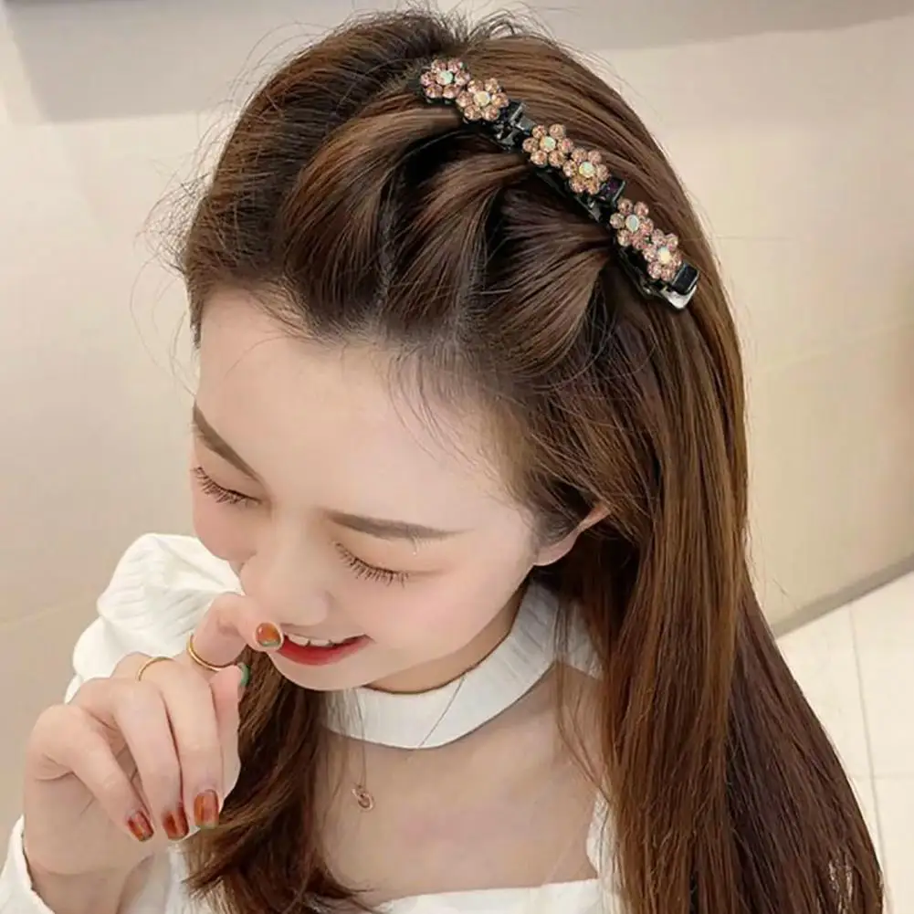 Korean Style Hair Barrette Tight Headwear Side Bang Clip Shiny Rhinestone Flower Decor Double Layer Hairpin Hair Accessories