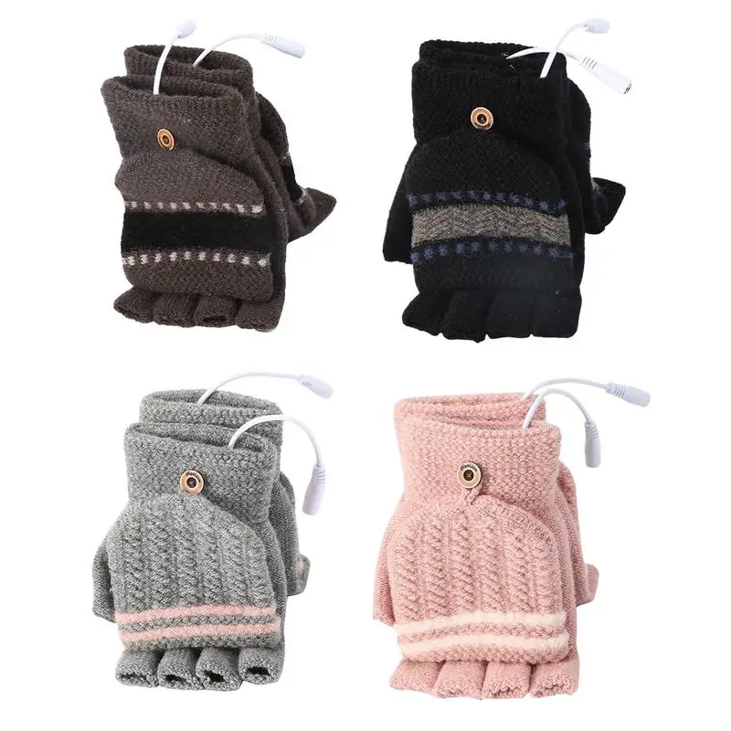 

Men Women Winter Heated Gloves Half Finger Openflip Design Flap Warm Gloves Knitted Thickened Windproof USB Hand Cover Gifts