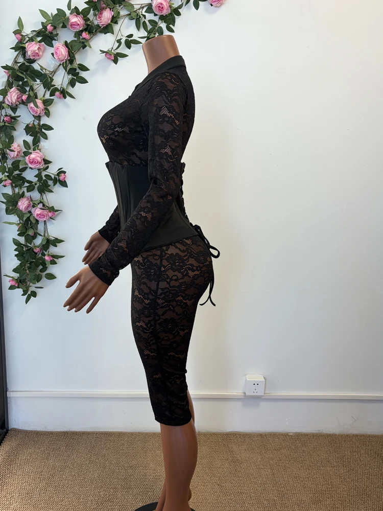 Women Mandarin Collar Keyhole Sheer Floral Lace Jumpsuit Long Sleeve Corset Waist Capri Pants Elegant Party Bodycon Outfit