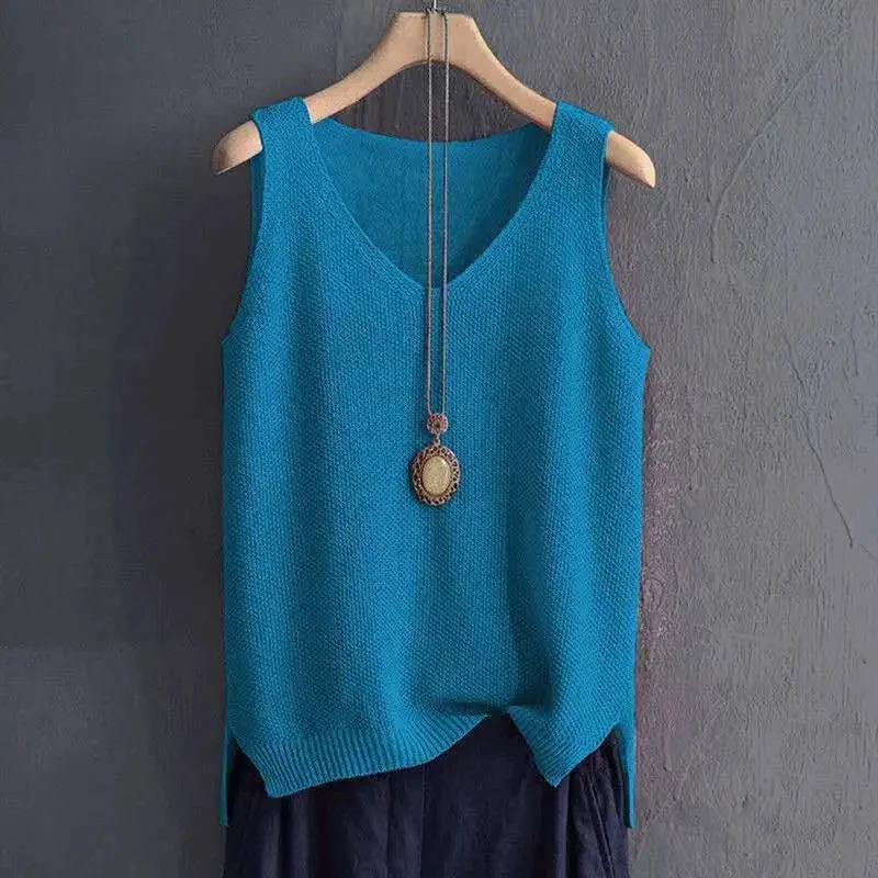 Big Size 5XL Solid Vintage Sleeveless Sweaters Vest Spring Autumn Loose V-Neck Pullover Fashion Casual Women Knit Tops 2024 New