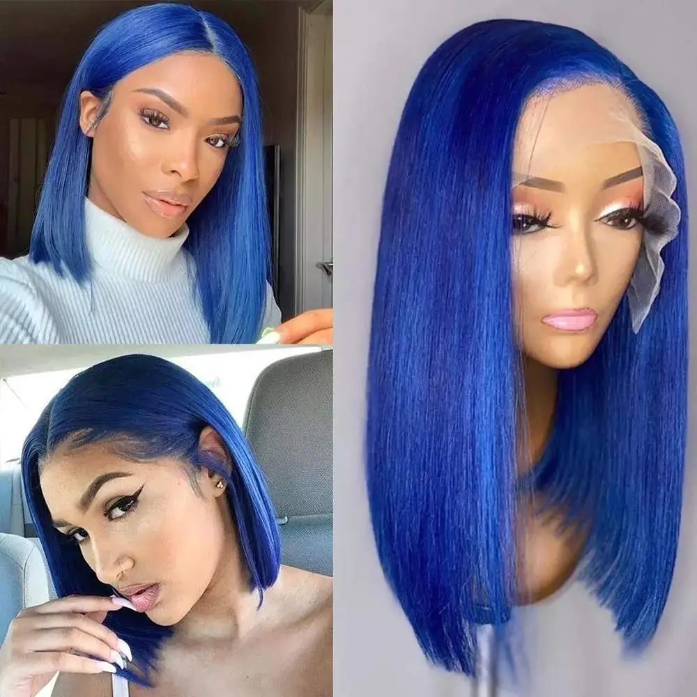 Blue Color Straight Short Bob Lace Frontal Wig 13X4 Lace Front Bob Human Hair Wigs Transparent Lace Bob Wig For Human Hair Wigs