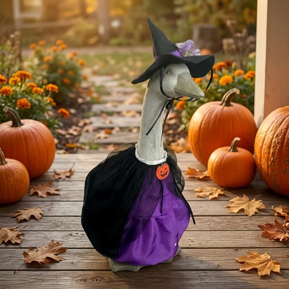 Upgrade 23‑Inch Halloween Bird Statue With Witch Hat And Dress, Festive Figurine Decor, Spooky Ornament For Indoor Outdoor