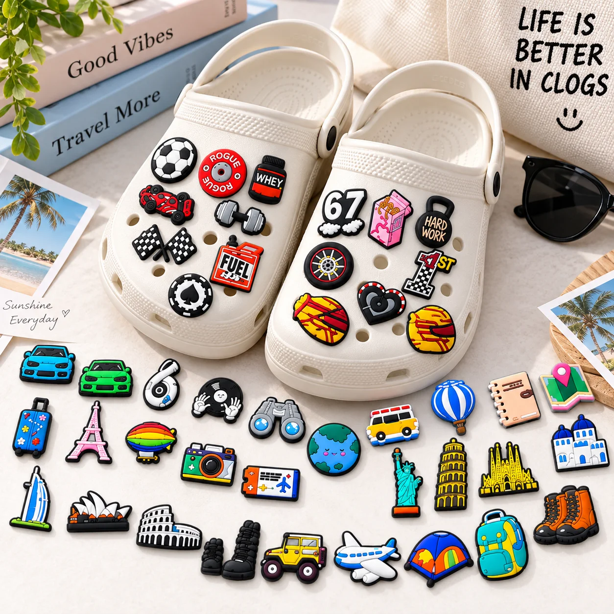 50pcs Travel Car Shoe Charms Set World Landmark PVC Pins for Clogs Sport Accessories Gift for Men Boys Teens Girls Kids