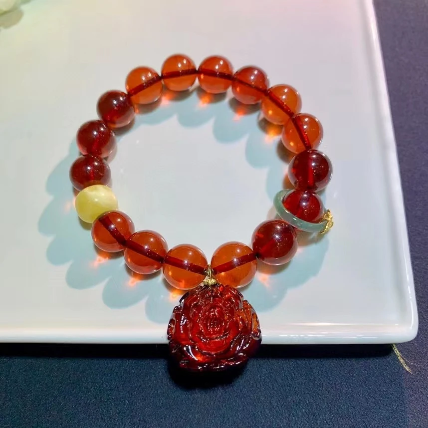 Natural Blood Red Amber Beads Bracelet Women Men Stretch Healing 12.3mm Crystal Amber Beads Bracelet Jewelry AAAAAA