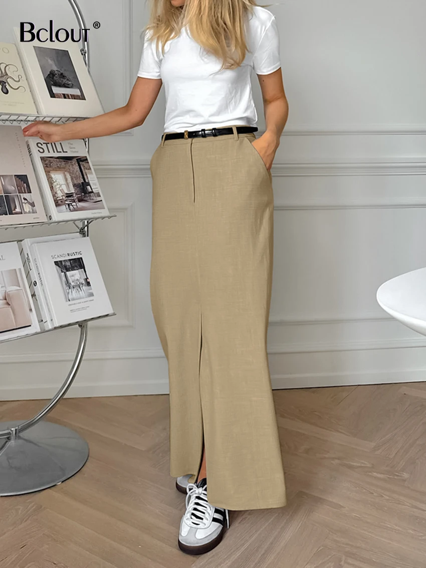 

Bclout Casual Khaki Cotton Long Skirts Women 2024 Fashion Solid High Waist Sexy Slit Skirts Elegant High Waist Straight Skirts