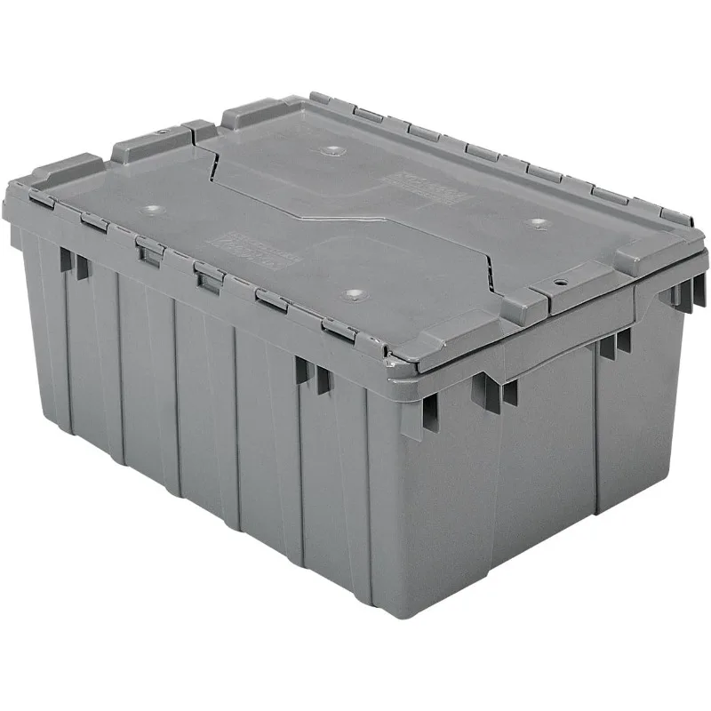 39085 Industrial Storage Tote with Hinged Attached Lid, (21-Inch L by 15-Inch W by 9-Inch H), Gray, (6-Pack)