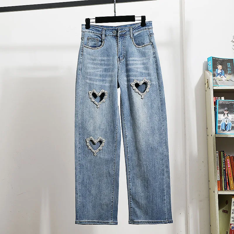 

Spring Summer Women's Wide-Leg Jeans New High Waist Hollow Out Mop Trousers Fashion Diamond Denim Pants Female Clothes